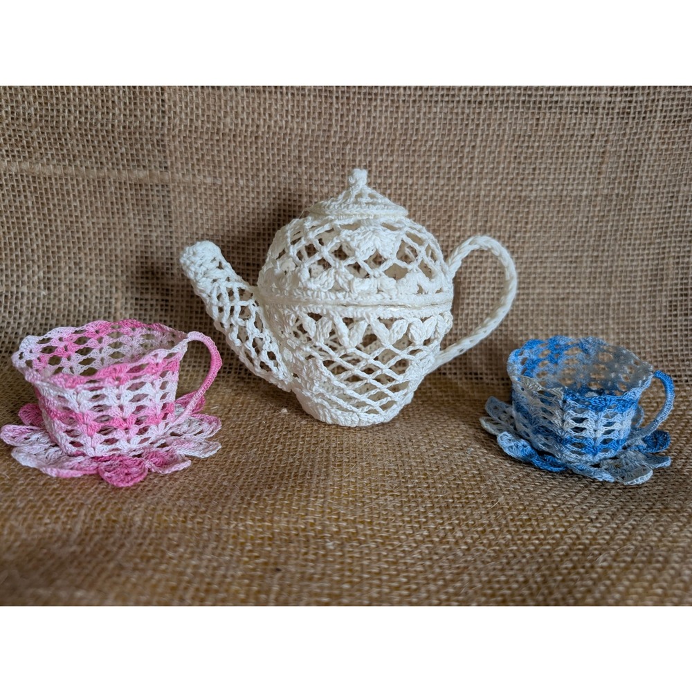 Handmade Stiffened Crochet Doily Tea Set Teapot Teacups Saucers Pink Blue White